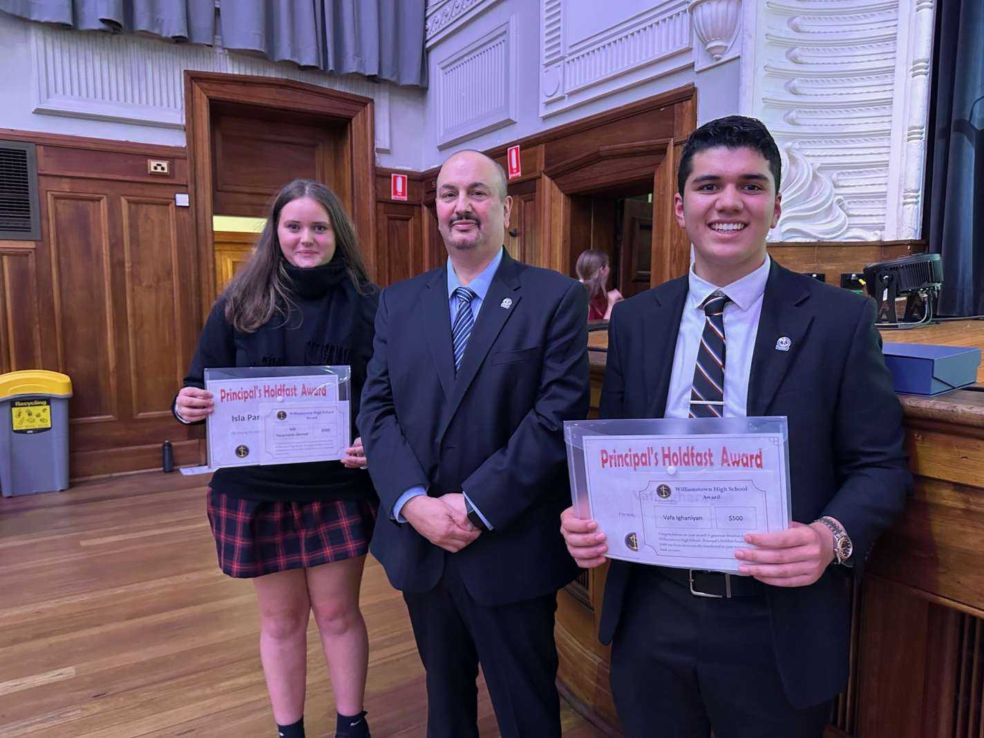 WHS Hold Fast Award winners: Isla Paramanis-Skinner (Bayview) and Vafa Ighaniyan (Pasco)