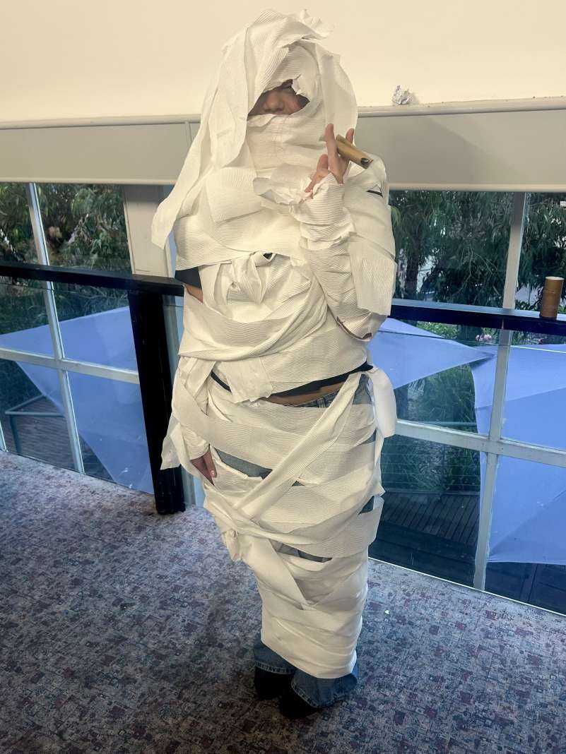 A relaxed Egyptian mummy during trivia on camp