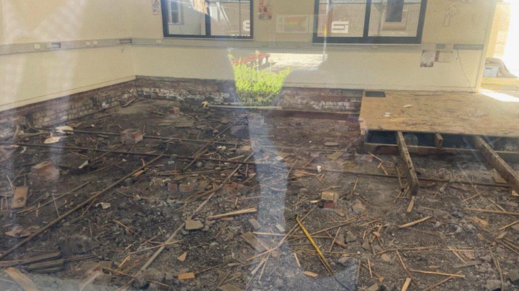 The Q block sub-floor is now removed and work is ongoing.